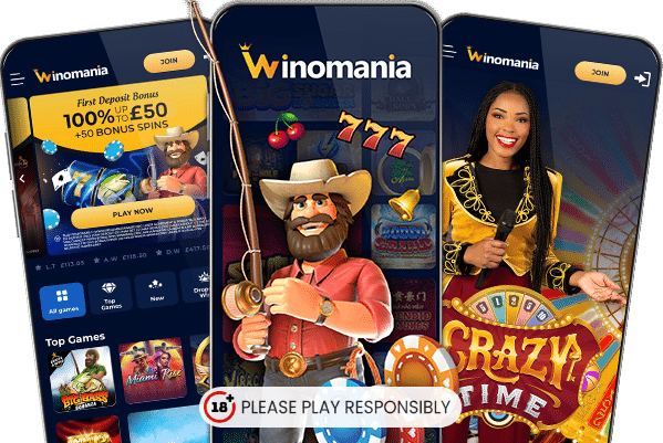 A mockup with 3 screens showcasing the Winomania brand
